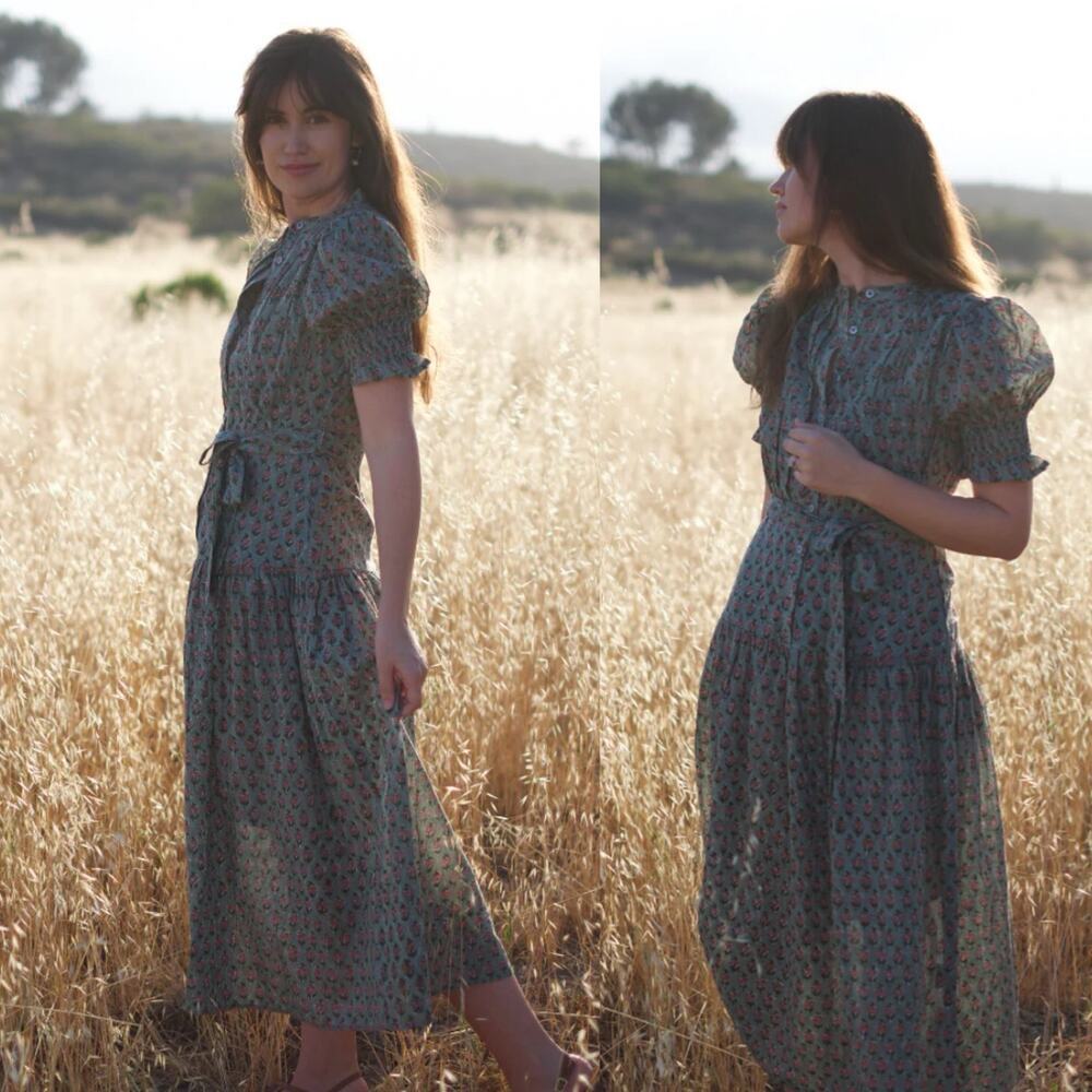 Daughters Of India Prarie Long Maxi Dress Sage Puff Shoulders Blue XS Cotton